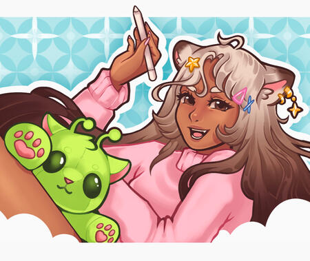 A digital illustration of a girl holding up a peace sign with her right hand. The girl has brown hair, and is wearing a light purple turtle-neck jumper. The drawing is decorated with stars and clouds. The background is bright pink. This image is used by B
